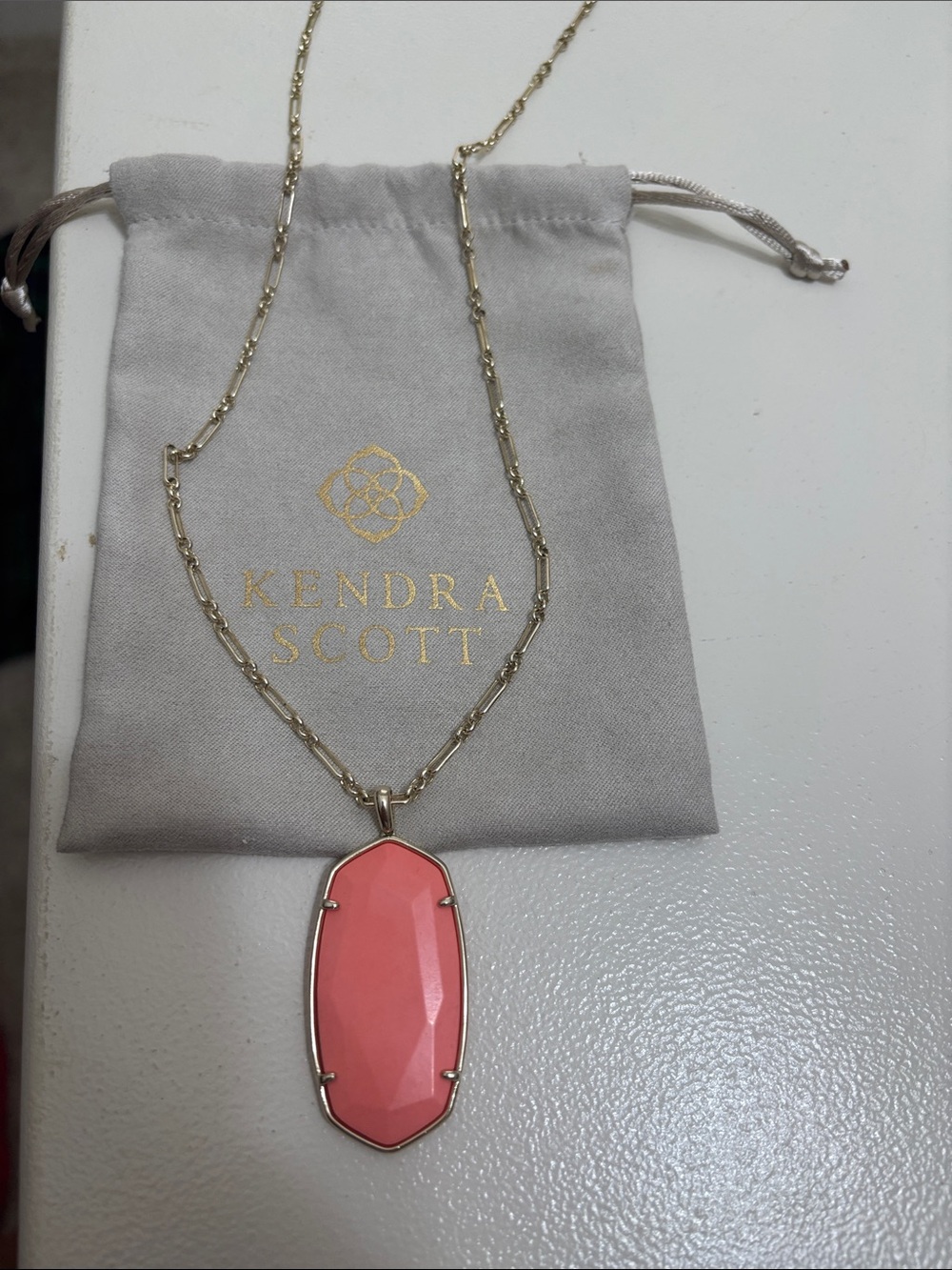 Kendra Scott Gold Chain Necklace with Coral Pink Pendant